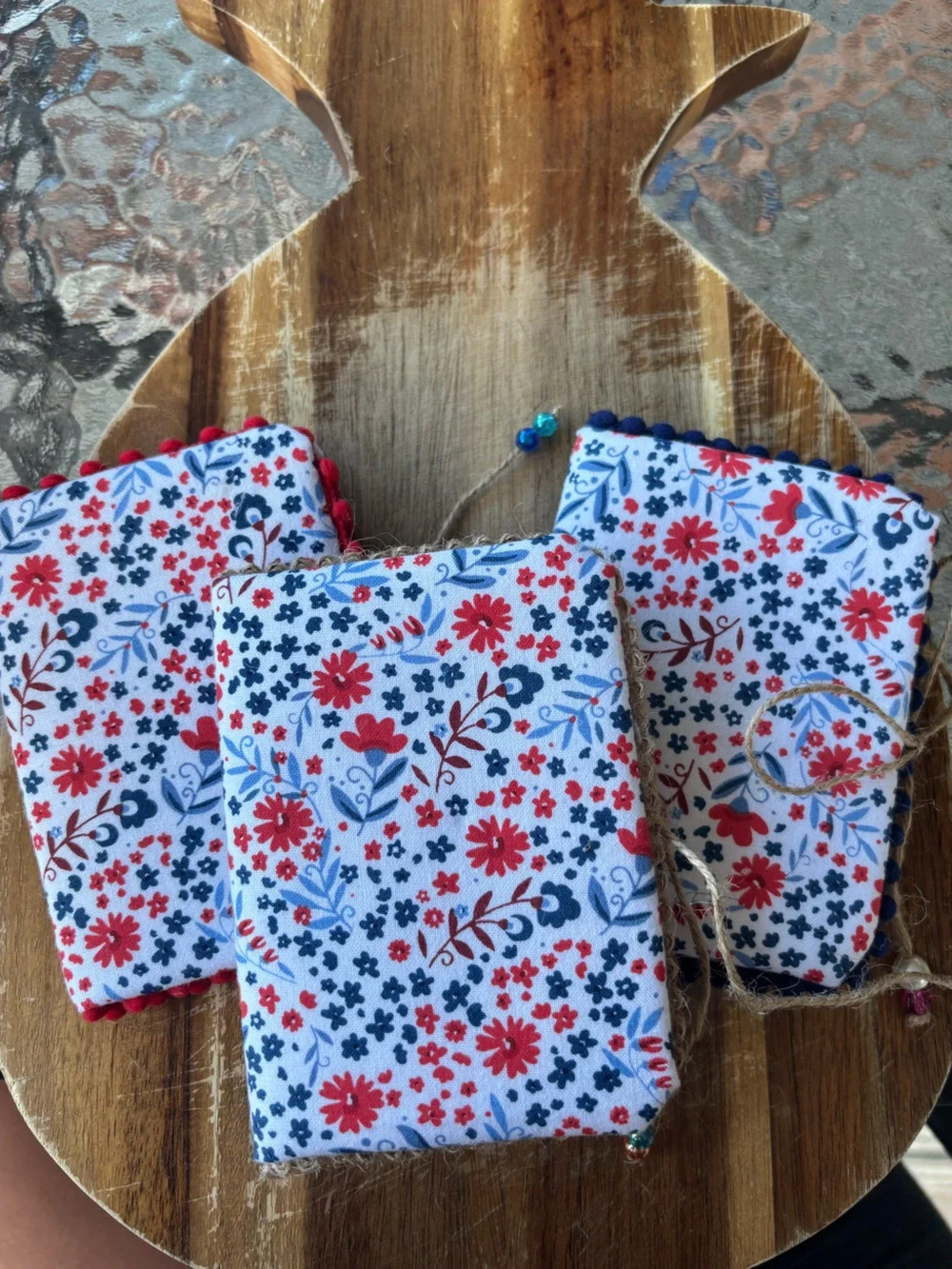 Handmade Fabric Covered Mini Journals Floral Red & Blue Size 4.75x3.5 60 Pages